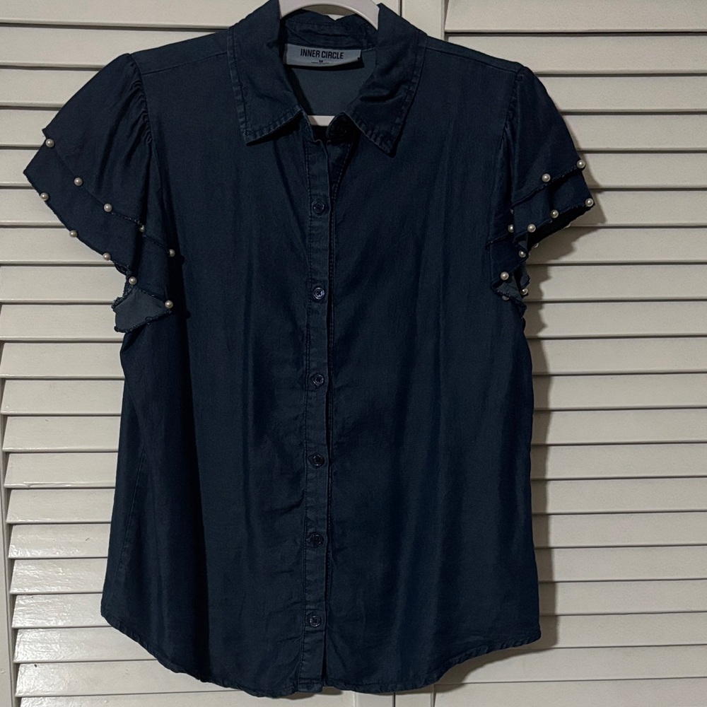 Denim Button Down Shirt with Ruffle Sleeves and Pearl Details